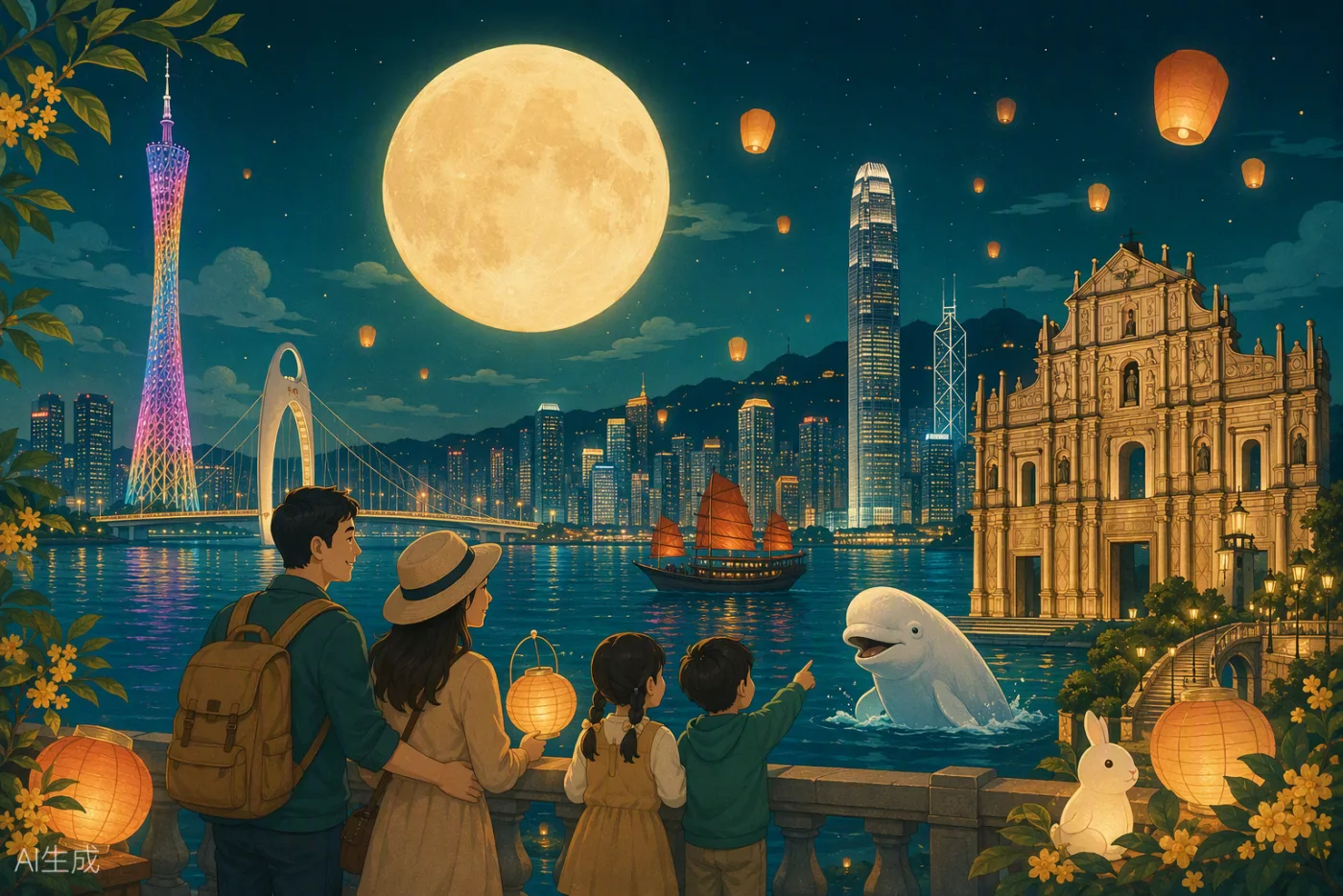 中秋团圆之旅:满月、灯笼与广州、香港、澳门、海洋馆的夜景插画