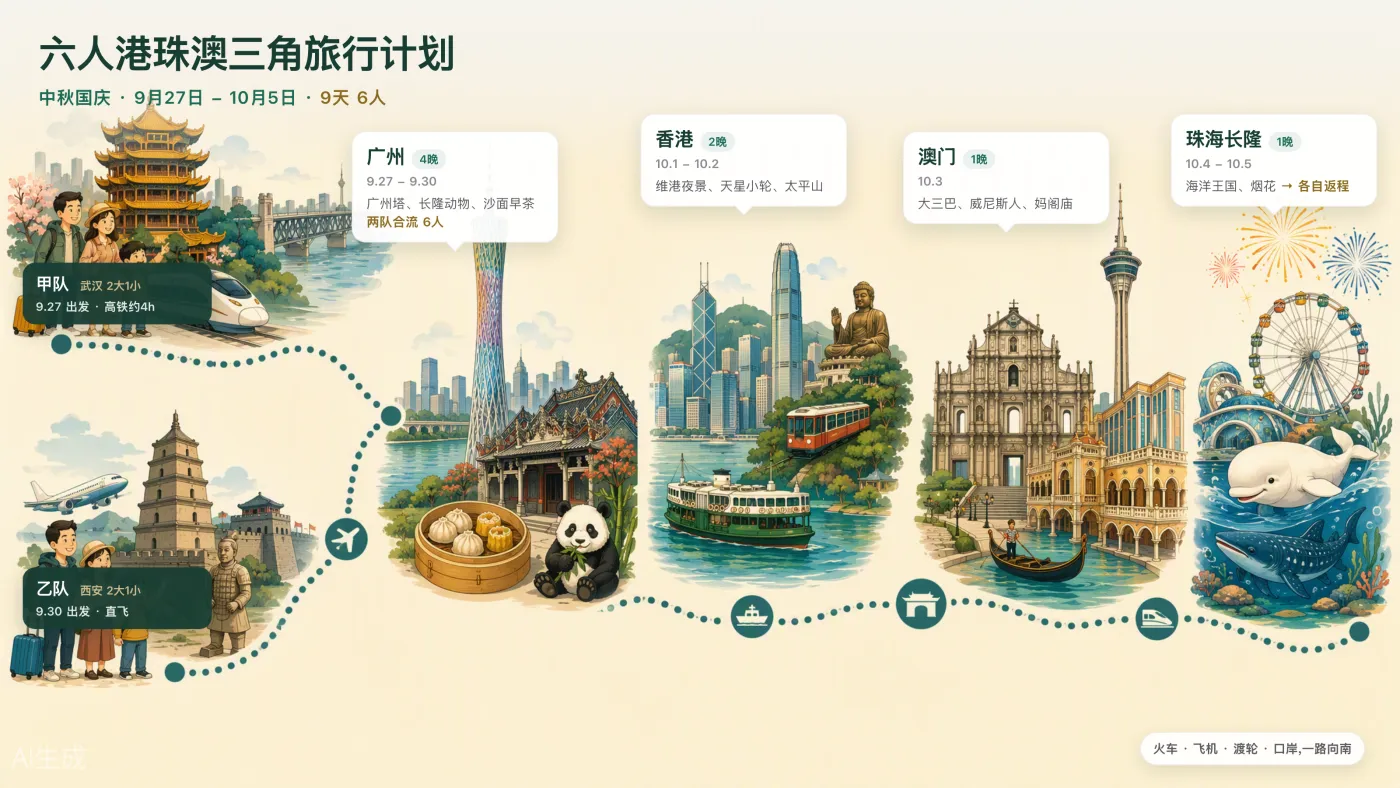 全程路线图:甲队武汉、乙队西安出发,汇合广州后经香港、澳门到珠海长隆,含日期、景点与小队